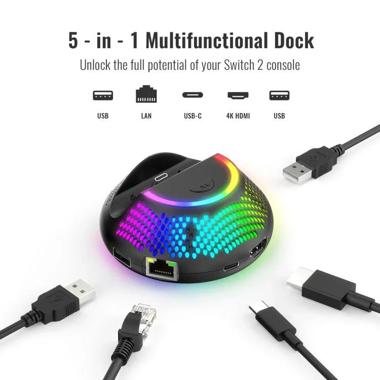 닌텐도 스위치 2용 JYS 4K 60Hz TV 도크 5-in-1 허브 기가비트 이더넷 포트 RGB 앰비언트 조명 포함, JYS