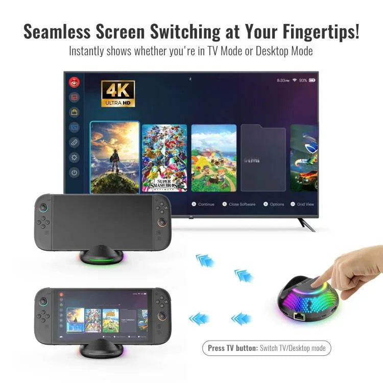 닌텐도 스위치 2용 JYS 4K 60Hz TV 도크 5-in-1 허브 기가비트 이더넷 포트 RGB 앰비언트 조명 포함, JYS