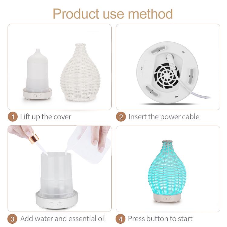 100ML 속이 빈 등나무 초음파 가습기 & 아로마테라피 디퓨저 7색 LED 조명, 5V USB, 24V EU 플러그
