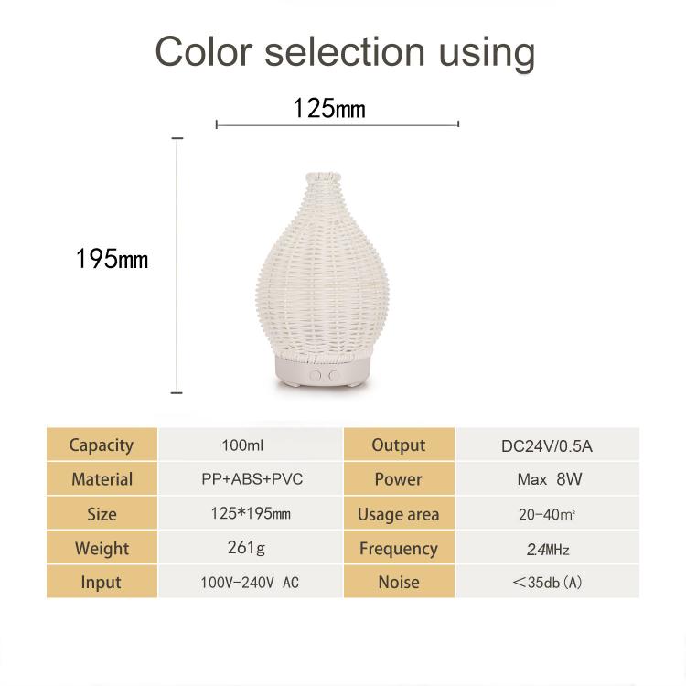 100ML 속이 빈 등나무 초음파 가습기 & 아로마테라피 디퓨저 7색 LED 조명, 5V USB, 24V EU 플러그