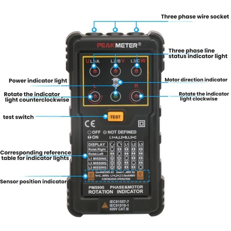 PEAKMETER 3상 AC 모터 회전 위상 순서 테스터, PM5900