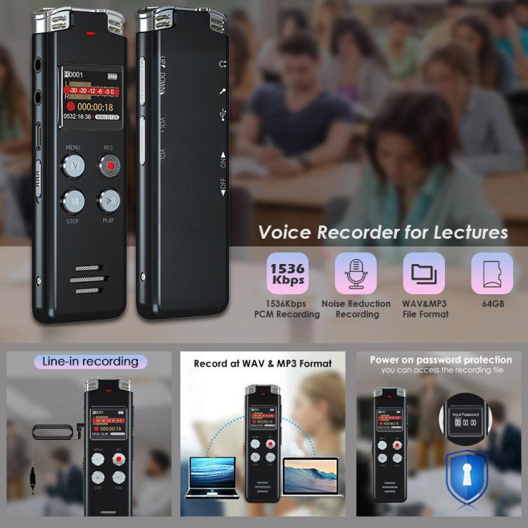 휴대용 HD 소음 제거 음성 활성화 디지털 음성 녹음기 회의용, 64GB, 128GB