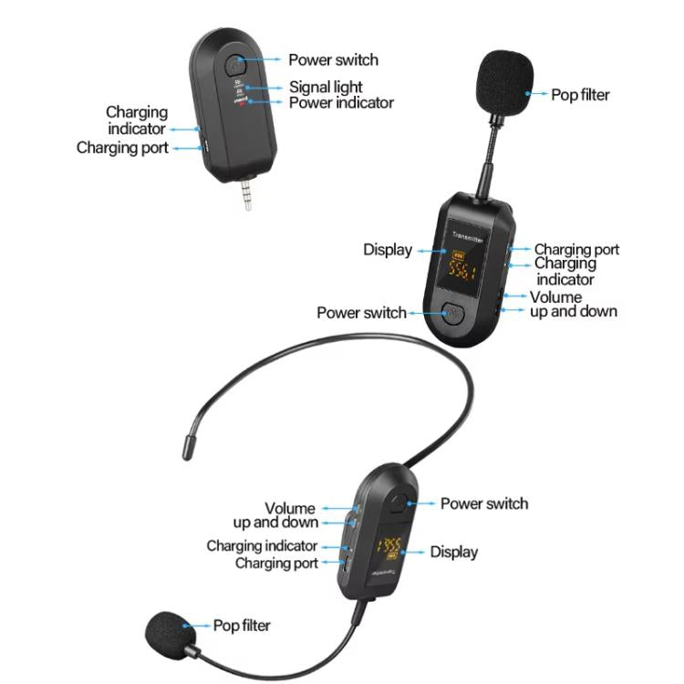 무선 2.4G 마이크 증폭기 휴대용 마이크, 1 입력 1 라펠 클립, 1 입력 1 헤드웨어, 1 입력 2 라펠 클립, 1 입력 2 헤드웨어