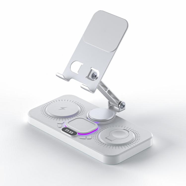 4-in-1 Fast Wireless Charging Station for Phone/Tablet/Apple Watch/AirPods Magnetic Foldable Stand with Clock Display & Cool Light Effect