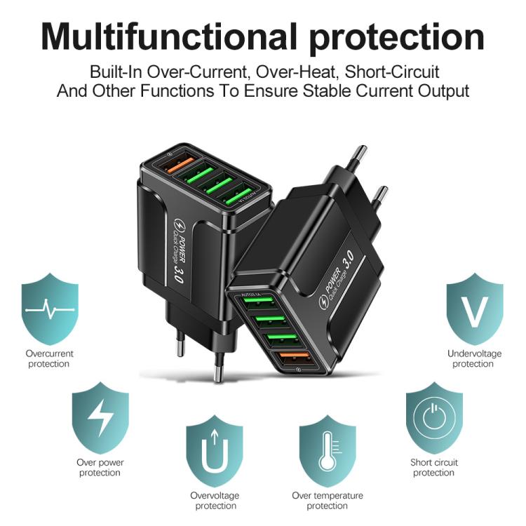 5.1A QC3.0 고속 충전 4USB 포트 휴대폰 충전기, EU 플러그, US 플러그, UK 플러그