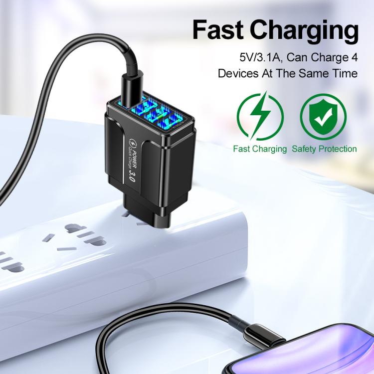 5.1A QC3.0 고속 충전 4USB 포트 휴대폰 충전기, EU 플러그, US 플러그, UK 플러그