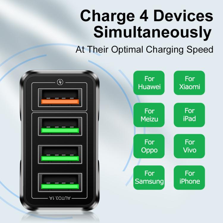 5.1A QC3.0 고속 충전 4USB 포트 휴대폰 충전기, EU 플러그, US 플러그, UK 플러그