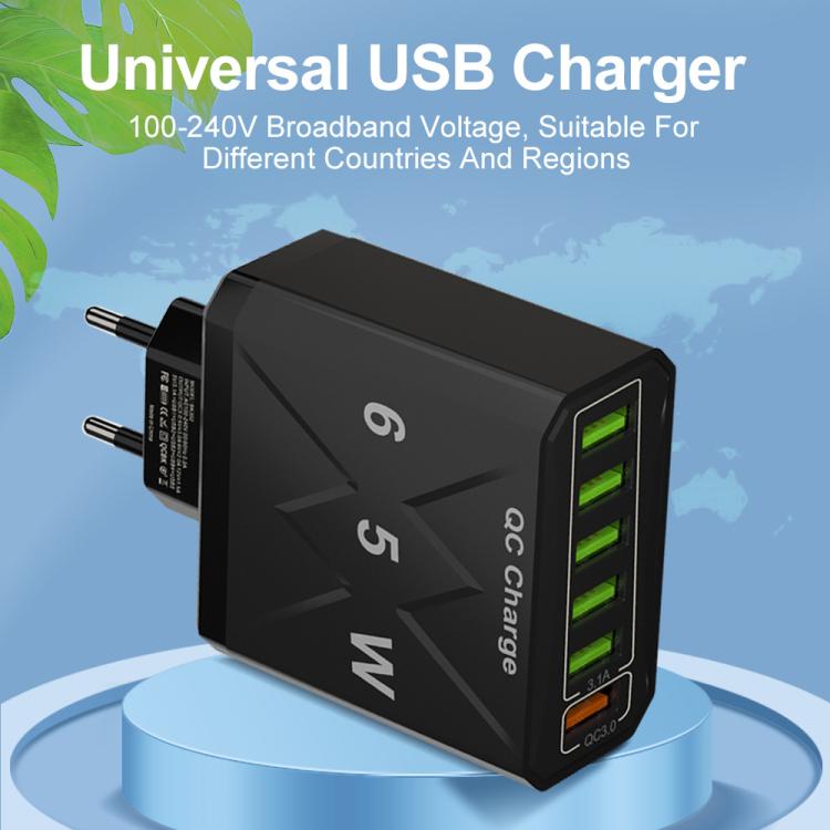 65W 6USB 포트 QC3.0 고속 충전 휴대폰 충전기, EU 플러그 (블랙), EU 플러그 (화이트), US 플러그 (블랙), US 플러그 (화이트), UK 플러그 (블랙), UK 플러그 (화이트)