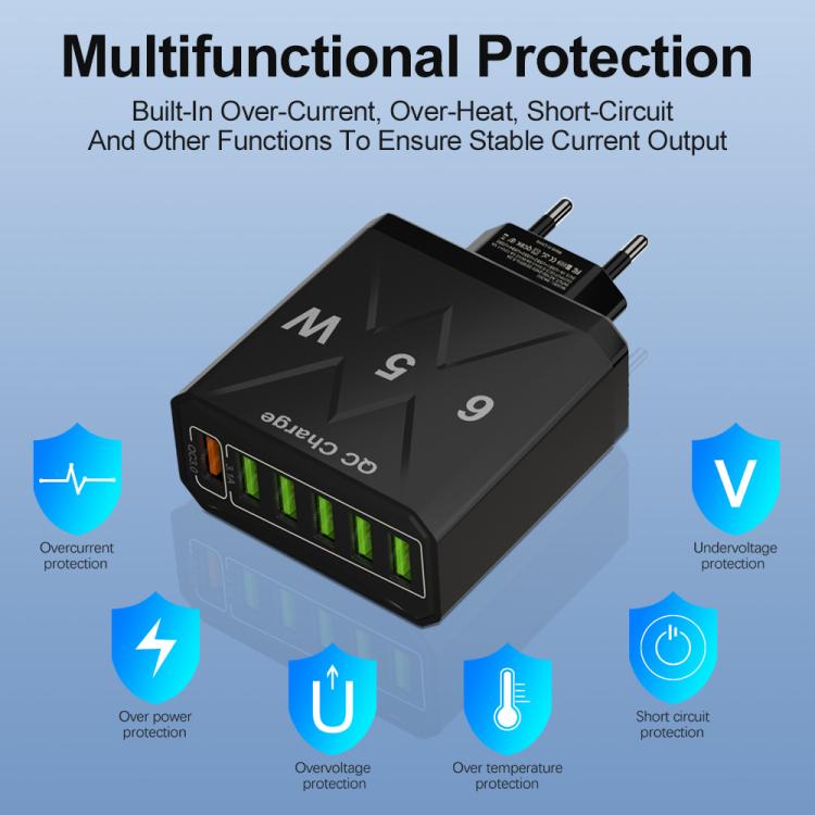65W 6USB 포트 QC3.0 고속 충전 휴대폰 충전기, EU 플러그 (블랙), EU 플러그 (화이트), US 플러그 (블랙), US 플러그 (화이트), UK 플러그 (블랙), UK 플러그 (화이트)