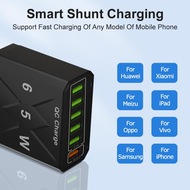 65W 6USB 포트 QC3.0 고속 충전 휴대폰 충전기, EU 플러그 (블랙), EU 플러그 (화이트), US 플러그 (블랙), US 플러그 (화이트), UK 플러그 (블랙), UK 플러그 (화이트)
