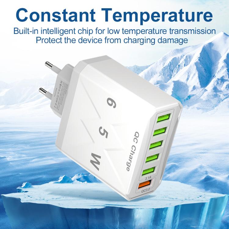 65W 6USB 포트 QC3.0 고속 충전 휴대폰 충전기, EU 플러그 (블랙), EU 플러그 (화이트), US 플러그 (블랙), US 플러그 (화이트), UK 플러그 (블랙), UK 플러그 (화이트)