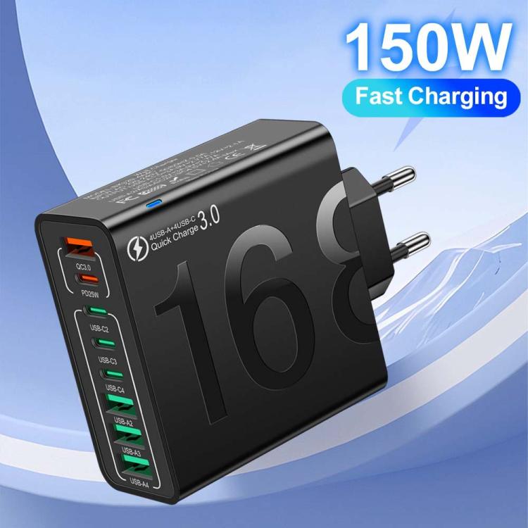 150W 4USB+4타입-C 8포트 QC3.0 고속 충전 휴대폰 충전기, EU 플러그 (블랙), EU 플러그 (화이트), EU 플러그 (옐로우), US 플러그 (블랙), US 플러그 (화이트), US 플러그 (옐로우), UK 플러그 (블랙), UK 플러그 (화이트), UK 플러그 (옐로우)