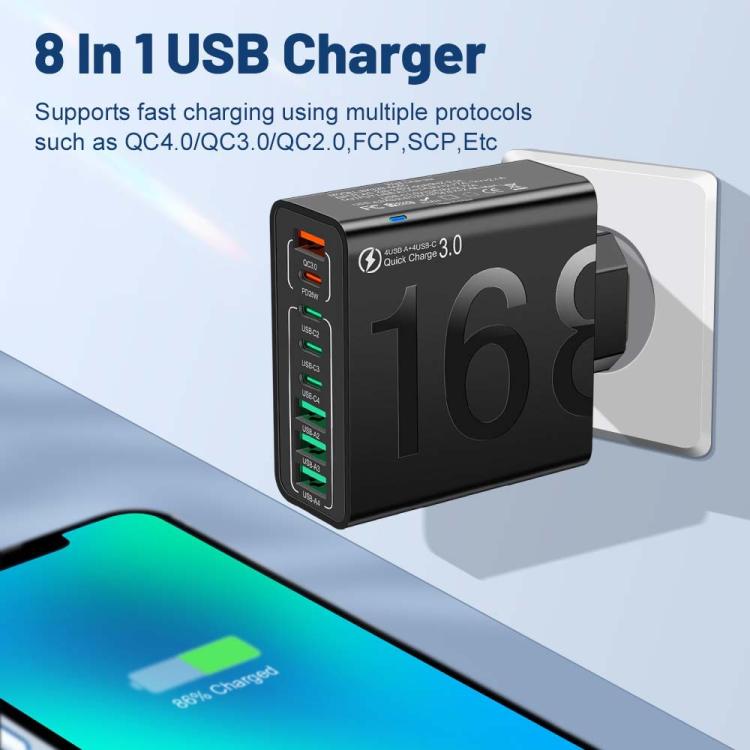 150W 4USB+4타입-C 8포트 QC3.0 고속 충전 휴대폰 충전기, EU 플러그 (블랙), EU 플러그 (화이트), EU 플러그 (옐로우), US 플러그 (블랙), US 플러그 (화이트), US 플러그 (옐로우), UK 플러그 (블랙), UK 플러그 (화이트), UK 플러그 (옐로우)