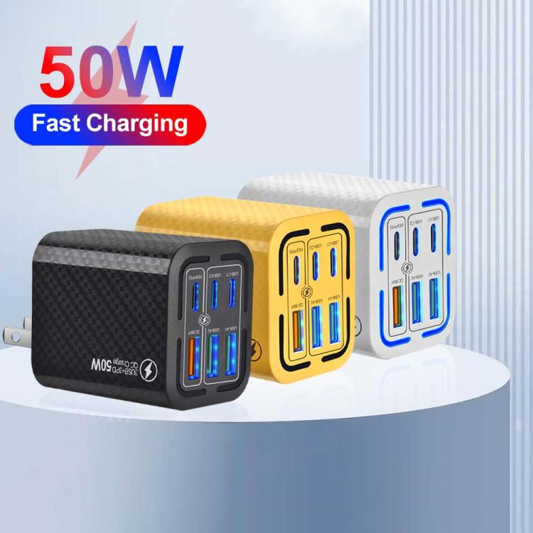 50W 3USB+3타입-C 6포트 고속 충전 휴대폰 충전기, EU 플러그 (블랙), EU 플러그 (화이트), EU 플러그 (옐로우), US 플러그 (블랙), US 플러그 (화이트), US 플러그 (옐로우), UK 플러그 (블랙), UK 플러그 (화이트), UK 플러그 (옐로우)