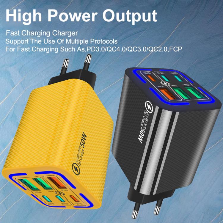 50W 3USB+3타입-C 6포트 고속 충전 휴대폰 충전기, EU 플러그 (블랙), EU 플러그 (화이트), EU 플러그 (옐로우), US 플러그 (블랙), US 플러그 (화이트), US 플러그 (옐로우), UK 플러그 (블랙), UK 플러그 (화이트), UK 플러그 (옐로우)