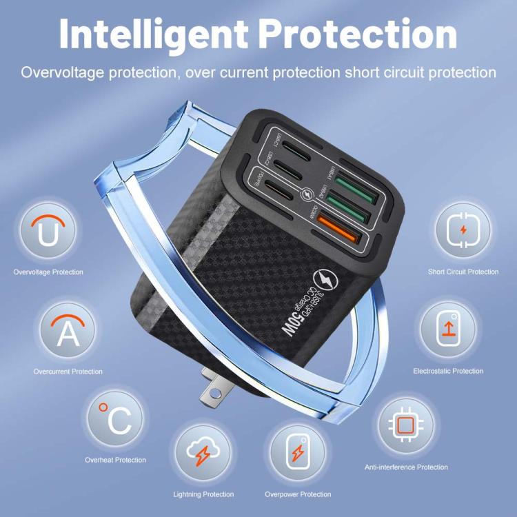 50W 3USB+3타입-C 6포트 고속 충전 휴대폰 충전기, EU 플러그 (블랙), EU 플러그 (화이트), EU 플러그 (옐로우), US 플러그 (블랙), US 플러그 (화이트), US 플러그 (옐로우), UK 플러그 (블랙), UK 플러그 (화이트), UK 플러그 (옐로우)