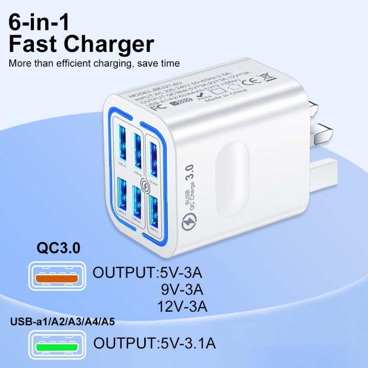 BK321 6USB 멀티 포트 고속 충전 휴대폰 충전기, EU 플러그 (블랙), EU 플러그 (화이트), EU 플러그 (옐로우), US 플러그 (블랙), US 플러그 (화이트), US 플러그 (옐로우), UK 플러그 (블랙), UK 플러그 (화이트), UK 플러그 (옐로우)