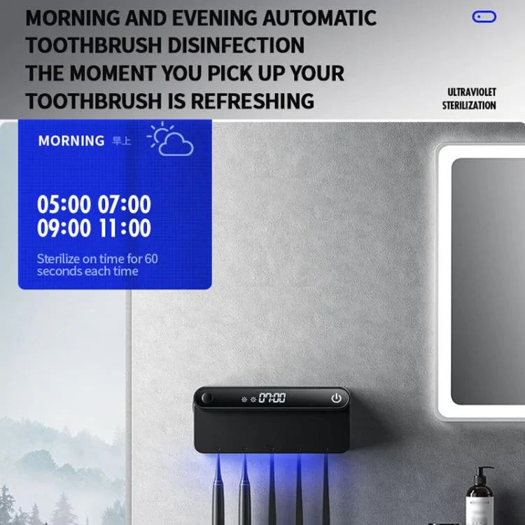 인체 센서, 시간 표시, USB-C 고속 충전, 무타공 벽걸이 홀더가 있는 스마트 UV 칫솔 살균기 및 건조기