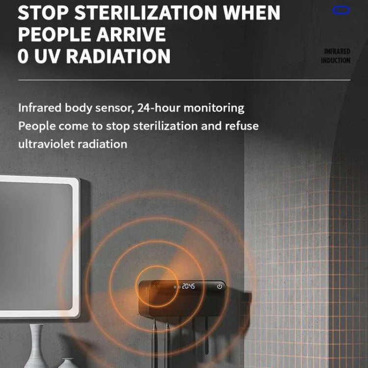 인체 센서, 시간 표시, USB-C 고속 충전, 무타공 벽걸이 홀더가 있는 스마트 UV 칫솔 살균기 및 건조기