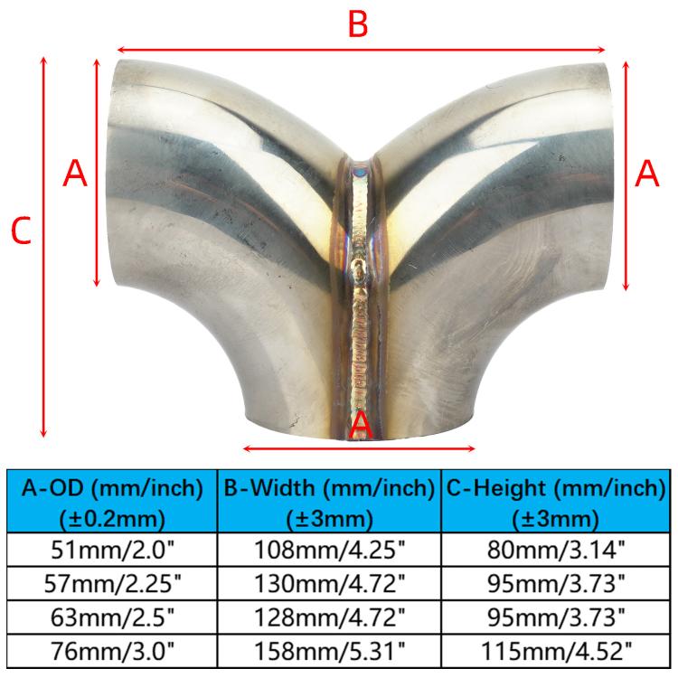 Y-type Three-way Connector For Stainless Steel Exhaust Pipes, 51mm, 57mm, 63mm, 76mm