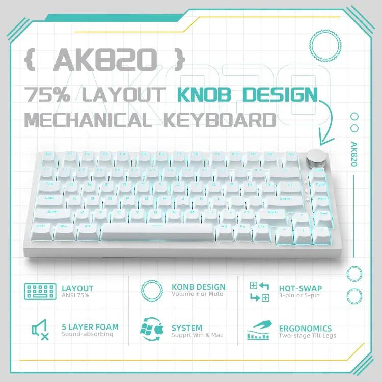 Ajazz AK820 핫스왑 유선 기계식 키보드 라이트 포함, 그린 스위치 아이스 블루 라이트 화이트, 레드 스위치 화이트 라이트 블랙, AS 레드 스위치 화이트 라이트 그레이 화이트, HP 스위치 화이트 라이트 화이트 그레이, 씨 솔트 스위치 RGB 퍼플 화이트 블루