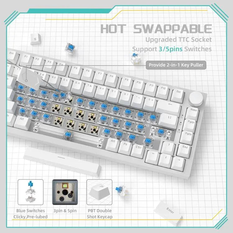 Ajazz AK820 핫스왑 유선 기계식 키보드 라이트 포함, 그린 스위치 아이스 블루 라이트 화이트, 레드 스위치 화이트 라이트 블랙, AS 레드 스위치 화이트 라이트 그레이 화이트, HP 스위치 화이트 라이트 화이트 그레이, 씨 솔트 스위치 RGB 퍼플 화이트 블루