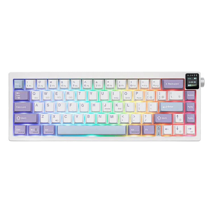 Ajazz AK650 화면 노브 RGB 라이트 탑재 트라이모드 무선 기계식 키보드, 플라잉 피쉬 스위치 퍼플 화이트 블루, 드림 스위치 퍼플 화이트 블루, 드림 스위치 블랙 그레이 옐로우, 드림 스위치 측면 각인 그라데이션 블랙베리