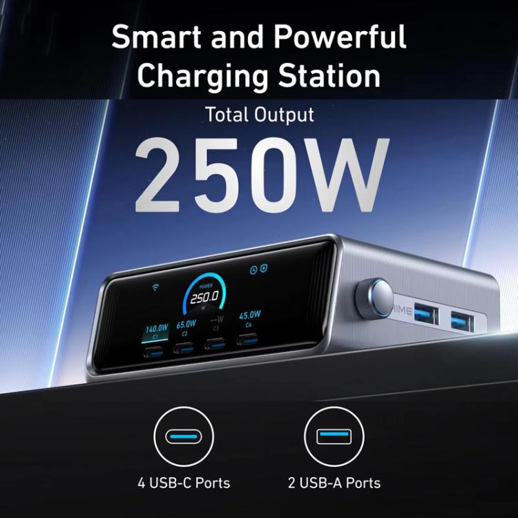 ANKER Prime 갈륨 나이트라이드 250W 고속 충전기 4 타입-C+2 USB 6포트 데스크탑 스마트 디스플레이 충전 스테이션, US 플러그, A2345