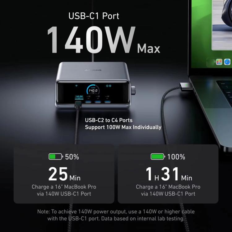 ANKER Prime 갈륨 나이트라이드 250W 고속 충전기 4 타입-C+2 USB 6포트 데스크탑 스마트 디스플레이 충전 스테이션, US 플러그, A2345