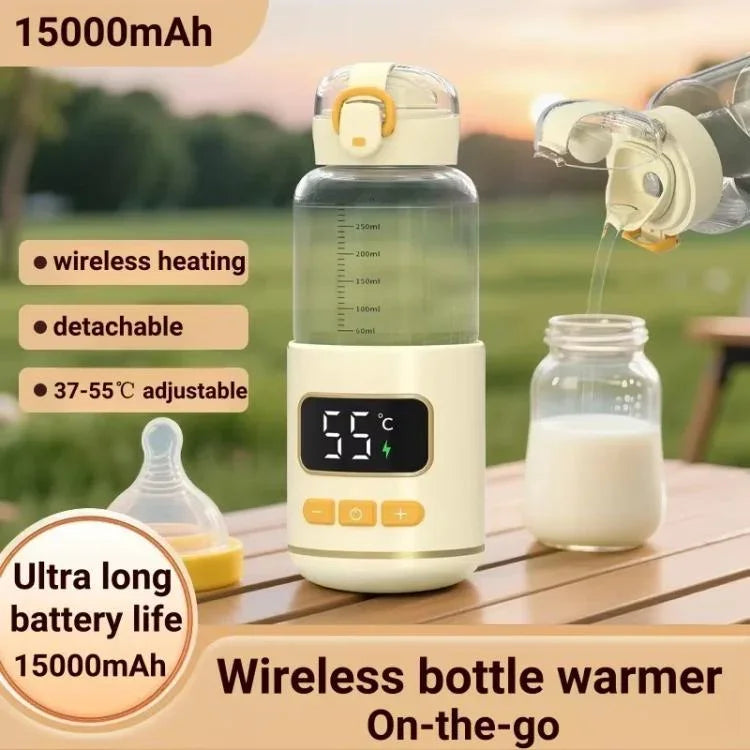 450ml 휴대용 무선 아기 젖병 워머 15000mAh 충전식 가열 컵 37-55도, 스테인리스 스틸, 유리