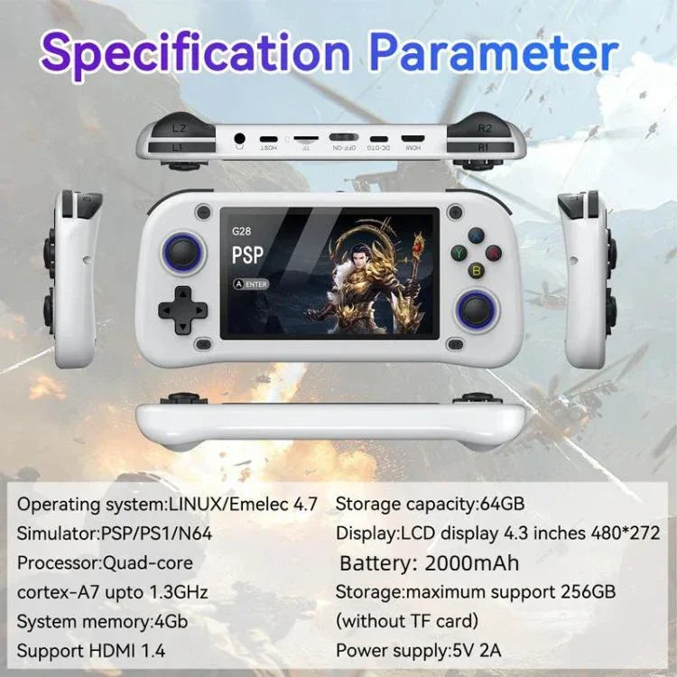 G28 휴대용 오픈소스 게임 콘솔 4.3인치 HD IPS 스크린, ARM 쿼드코어 Cortex-A7 1.3GHz, 64GB