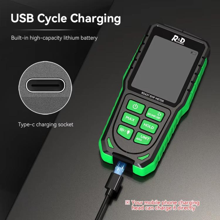 R&D INSTRUMENTS RD637 3-in-1 디지털 디스플레이 알람 충전식 전자기 방사선 측정기, RD637