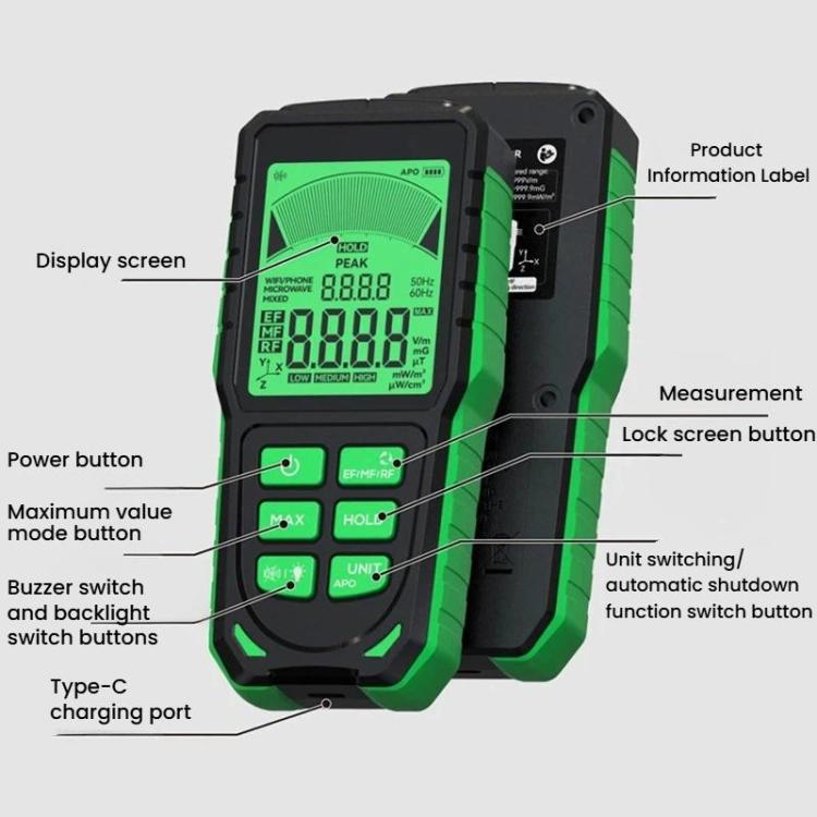 R&D INSTRUMENTS RD637 3-in-1 디지털 디스플레이 알람 충전식 전자기 방사선 측정기, RD637