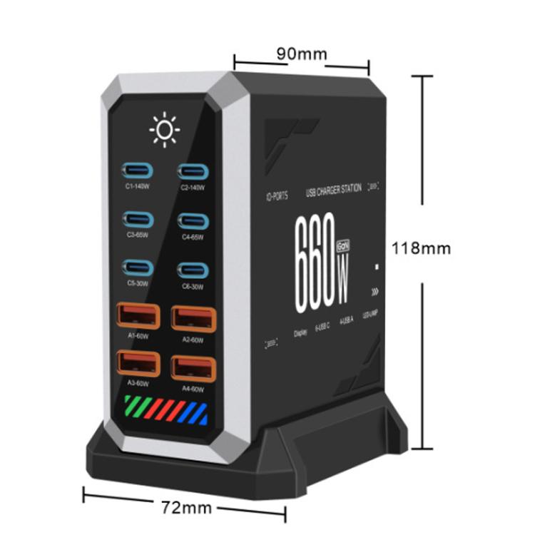 6 타입-C + 4 USB 멀티포트 660W 고출력 충전기, 갈륨 나이트라이드 데스크탑 충전기, 미국 플러그, 영국 플러그, 유럽 플러그, 호주 플러그
