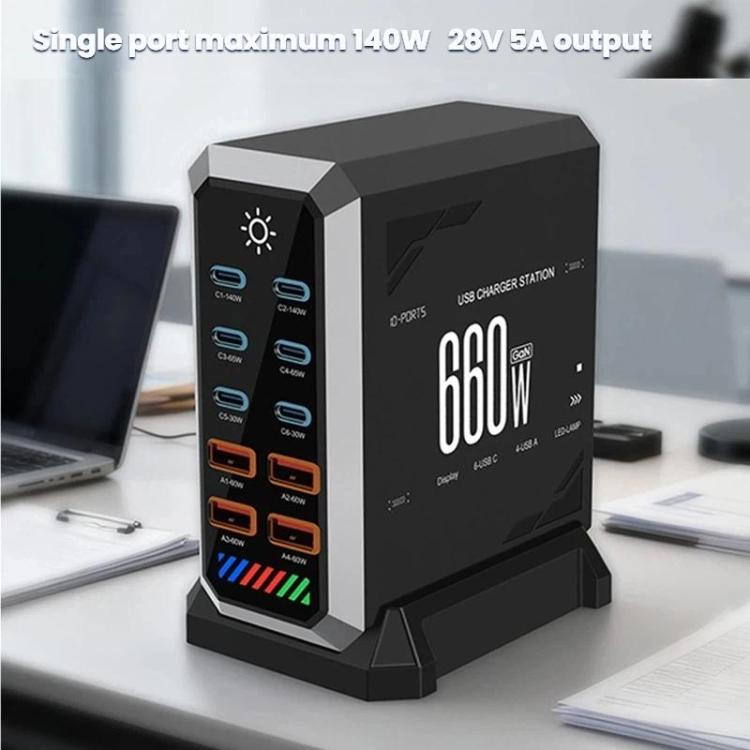 6 타입-C + 4 USB 멀티포트 660W 고출력 충전기, 갈륨 나이트라이드 데스크탑 충전기, 미국 플러그, 영국 플러그, 유럽 플러그, 호주 플러그