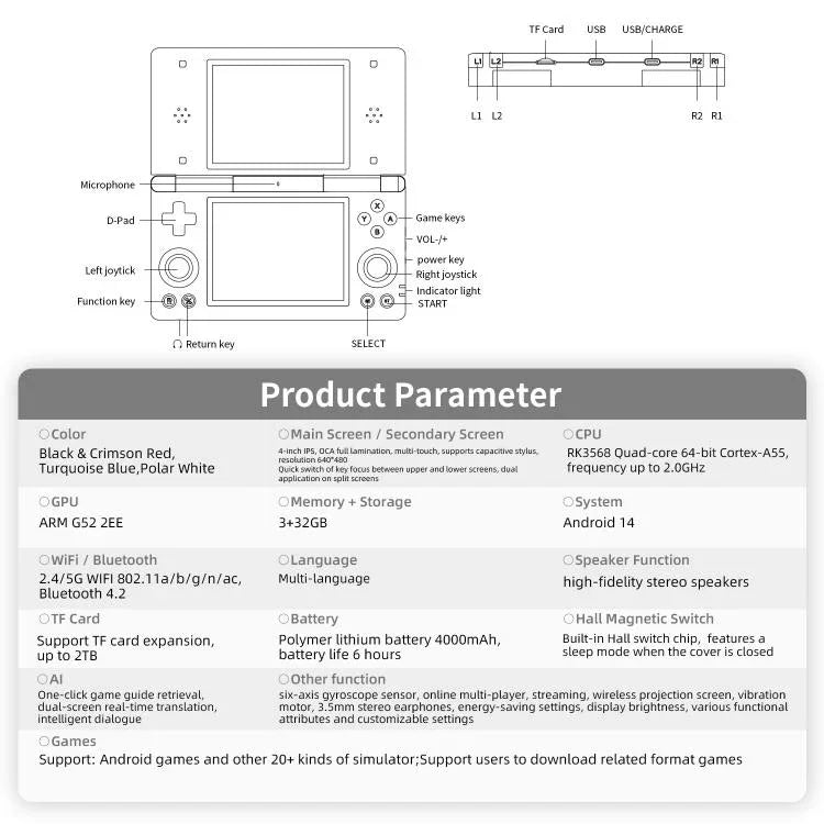 ANBERNIC RG DS 플립 듀얼 스크린 핸드헬드 게임 콘솔 4인치 IPS 터치스크린 AI 게임 기기 3+32G