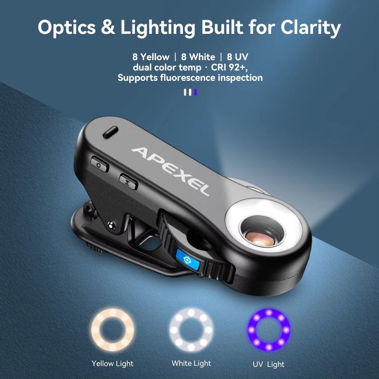 APEXEL TriScope 40X-80X-120X 휴대폰 현미경 듀얼 온도 LED 및 UV 조명 포함, APL-MS3L