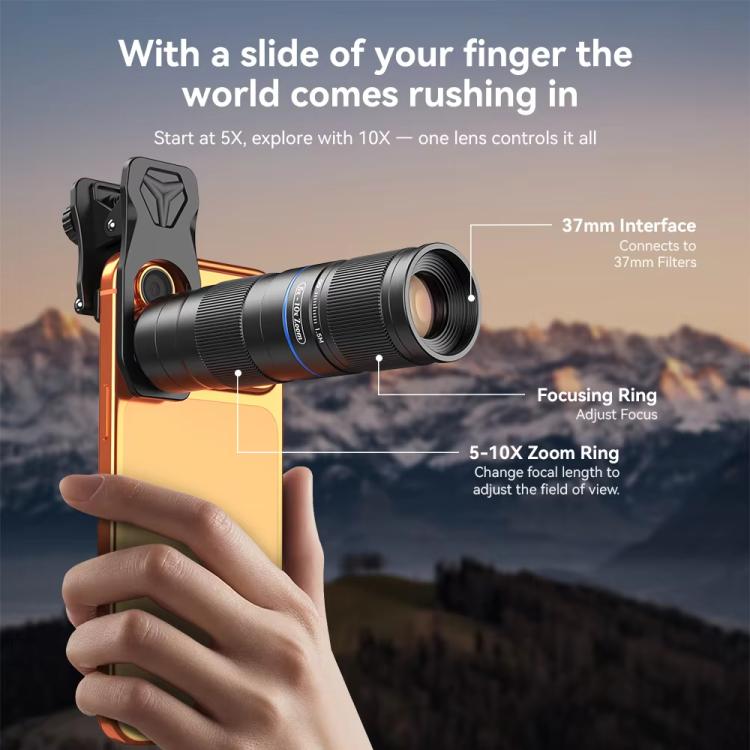 APEXEL TeleZoom 5–10X 줌 망원 렌즈 키트 스마트폰용 올인원 범용 클립 포함, APL-T5-10X