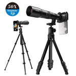 APEXEL TeleCular 50배 망원 렌즈 키트 스마트폰용 360도 볼 헤드 삼각대 및 내부 초점 포함, APL-T50X
