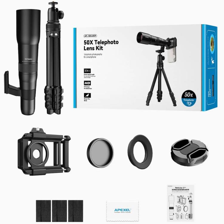 APEXEL TeleCular 50배 망원 렌즈 키트 스마트폰용 360도 볼 헤드 삼각대 및 내부 초점 포함, APL-T50X