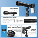 APEXEL TeleCular 50배 망원 렌즈 키트 스마트폰용 360도 볼 헤드 삼각대 및 내부 초점 포함, APL-T50X
