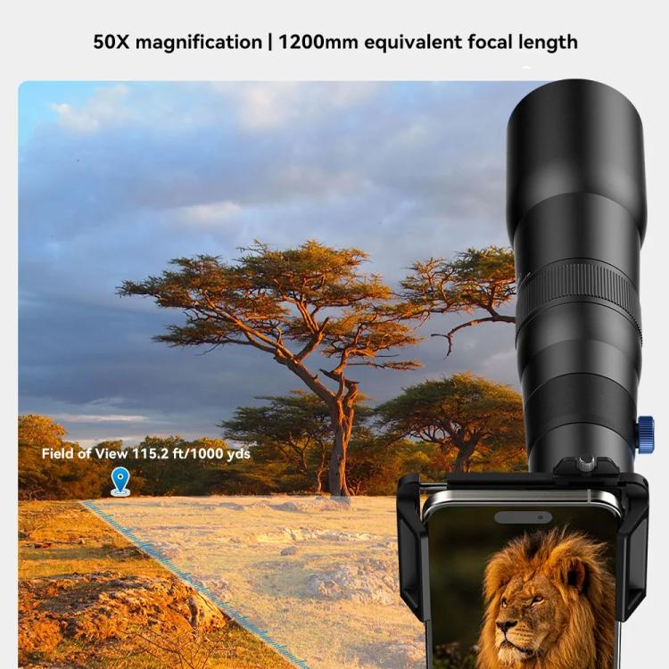 APEXEL TeleCular 50배 망원 렌즈 키트 스마트폰용 360도 볼 헤드 삼각대 및 내부 초점 포함, APL-T50X