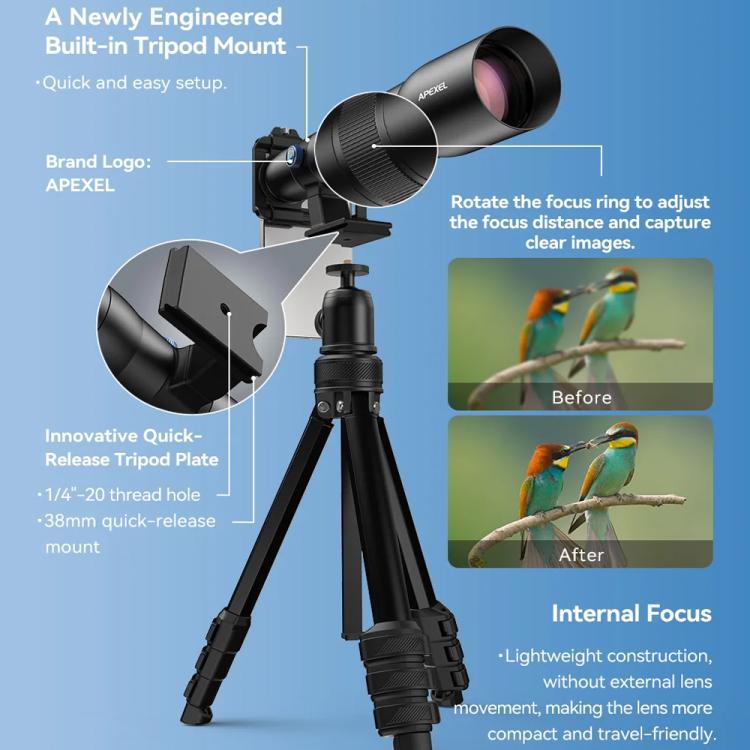 APEXEL TeleCular 50배 망원 렌즈 키트 스마트폰용 360도 볼 헤드 삼각대 및 내부 초점 포함, APL-T50X