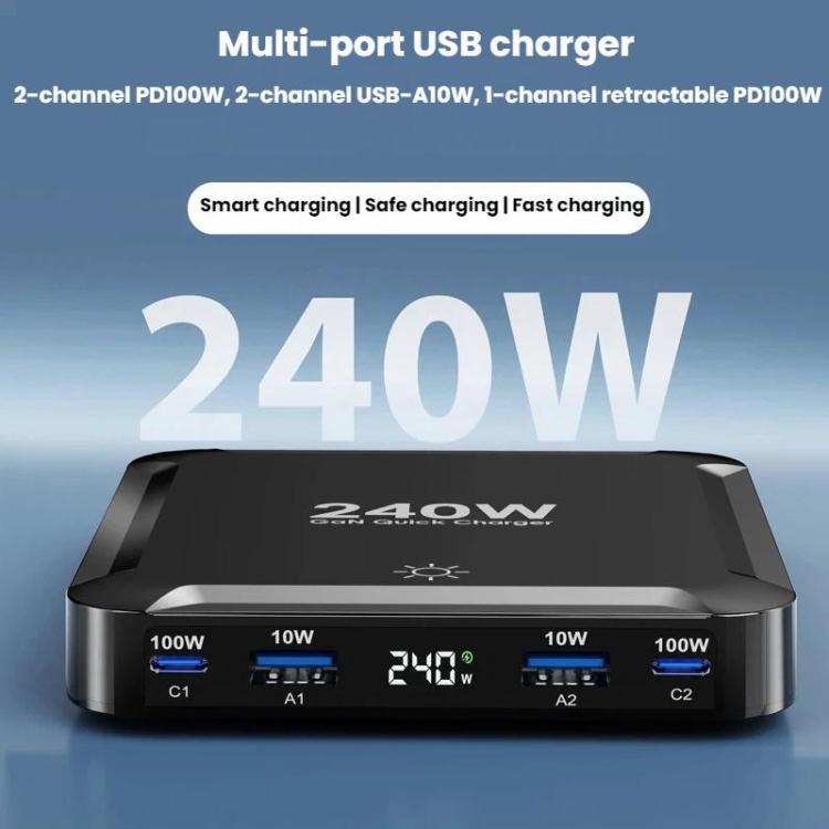 240W 스마트 고속 충전기 자석 USB 리트랙터블 케이블 및 멀티포트 수납 포함, EU 플러그, US 플러그, UK 플러그, AU 플러그, KR 플러그