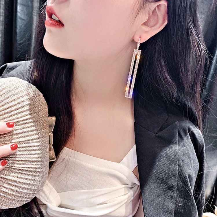 패션 롱 기하학 드롭 귀걸이 럭셔리 골드 실버 컬러 직사각형 라인스톤 귀걸이, 블루, 골드, 로즈 골드, 실버