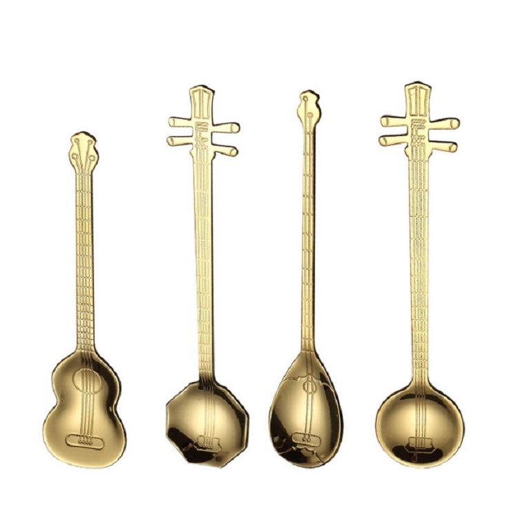 Stainless Steel Coffee Mixing Spoon Creative Musical Instrument Shape Spoon, Guitar Silver, Octagonal Silver, Lute Silver, Yueqin Silver, Guitar Titanium Gold, Octagonal Titanium Gold, Lute Titanium Gold, Yueqin Titanium Gold, Guitar Rose Gold