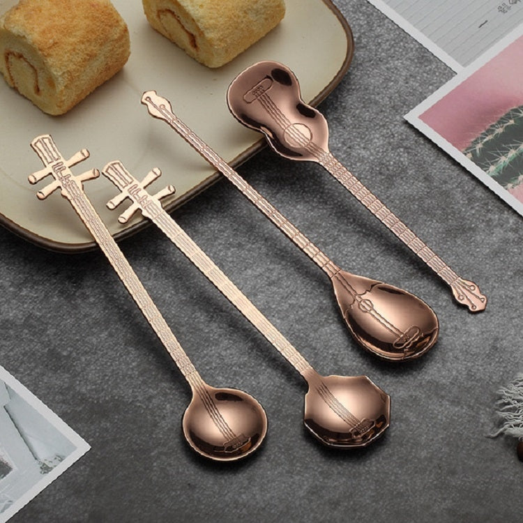 Stainless Steel Coffee Mixing Spoon Creative Musical Instrument Shape Spoon, Guitar Silver, Octagonal Silver, Lute Silver, Yueqin Silver, Guitar Titanium Gold, Octagonal Titanium Gold, Lute Titanium Gold, Yueqin Titanium Gold, Guitar Rose Gold