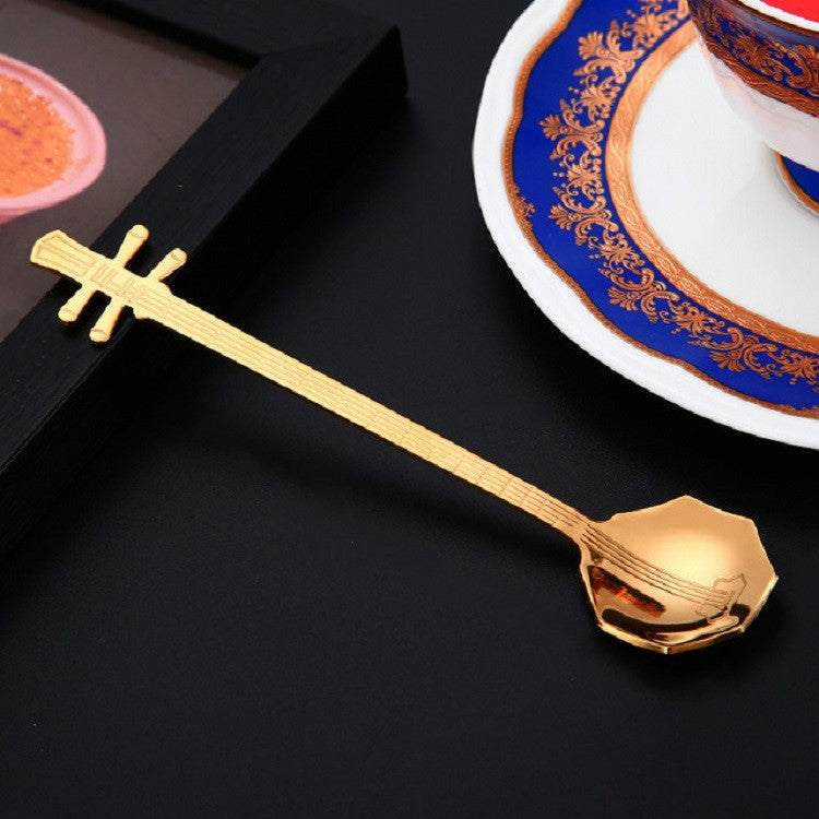 Stainless Steel Coffee Mixing Spoon Creative Musical Instrument Shape Spoon, Guitar Silver, Octagonal Silver, Lute Silver, Yueqin Silver, Guitar Titanium Gold, Octagonal Titanium Gold, Lute Titanium Gold, Yueqin Titanium Gold, Guitar Rose Gold
