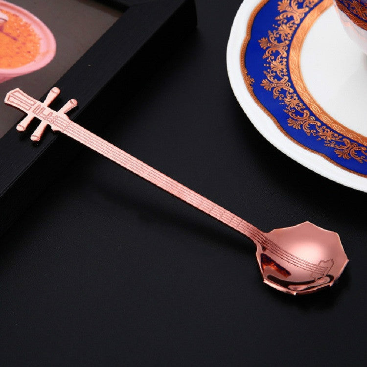 Stainless Steel Coffee Mixing Spoon Creative Musical Instrument Shape Spoon, Guitar Silver, Octagonal Silver, Lute Silver, Yueqin Silver, Guitar Titanium Gold, Octagonal Titanium Gold, Lute Titanium Gold, Yueqin Titanium Gold, Guitar Rose Gold