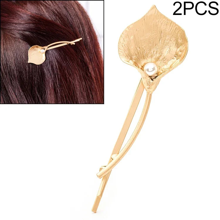 2개 세트 패션 웨딩 헤어 쥬얼리 꽃 바레트 단단한 금속 잎 진주 머리핀